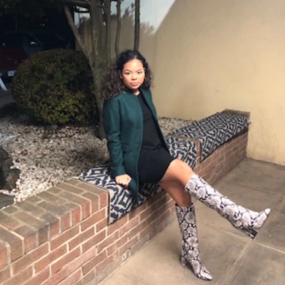 J Crew faux snake skin black and white knee high heel boot
